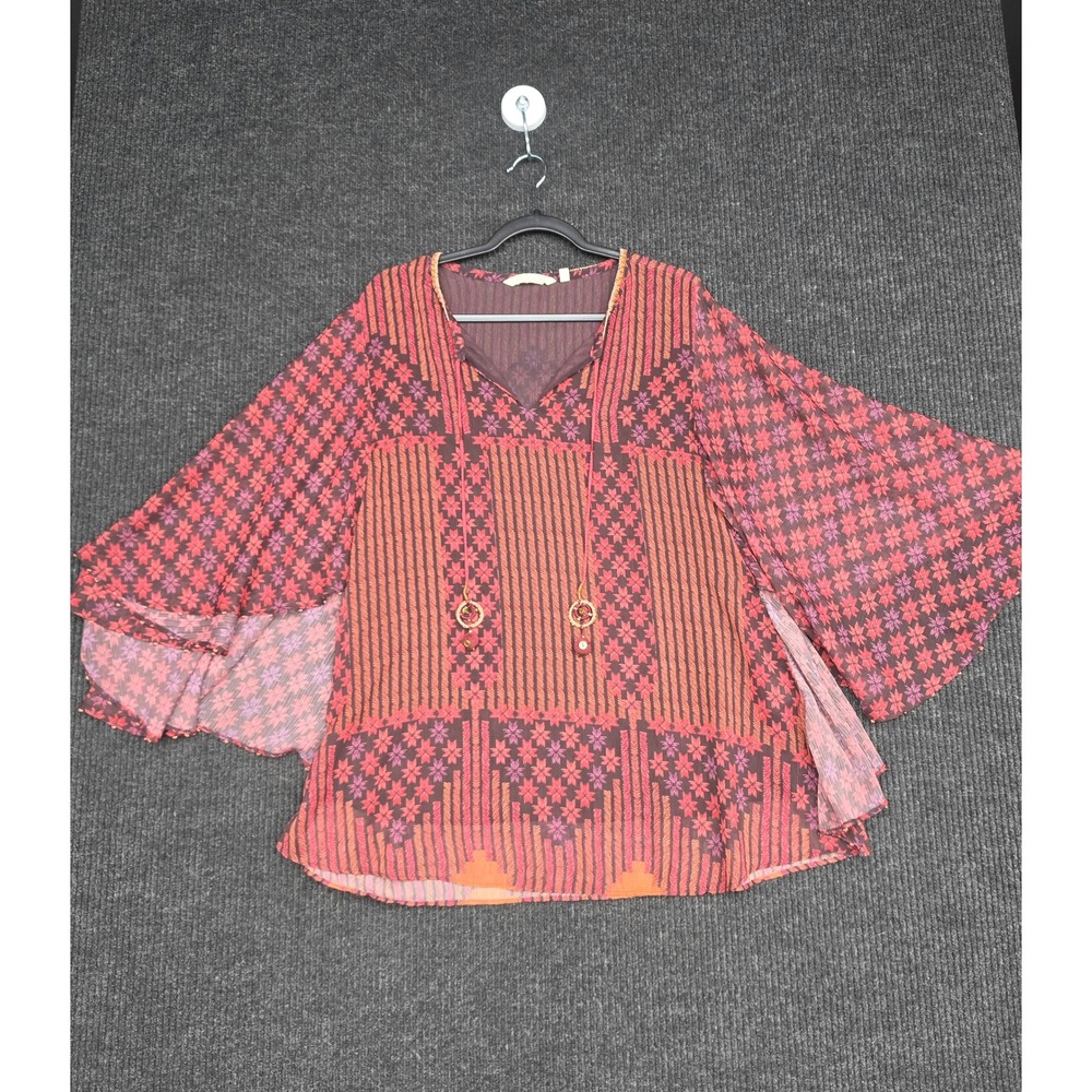 Soft Surroundings Boho Tunic Top Medium Burgundy Orange Floral Bell Sleeve 2DR77